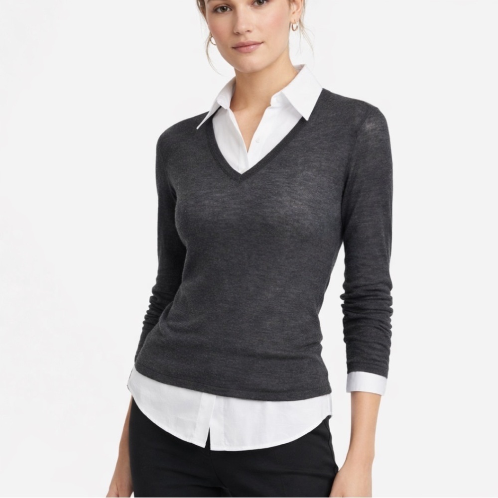 Sheer Modal Virgin Wool Blend V-neck Sweater Fitted top Shirt small Black Gray